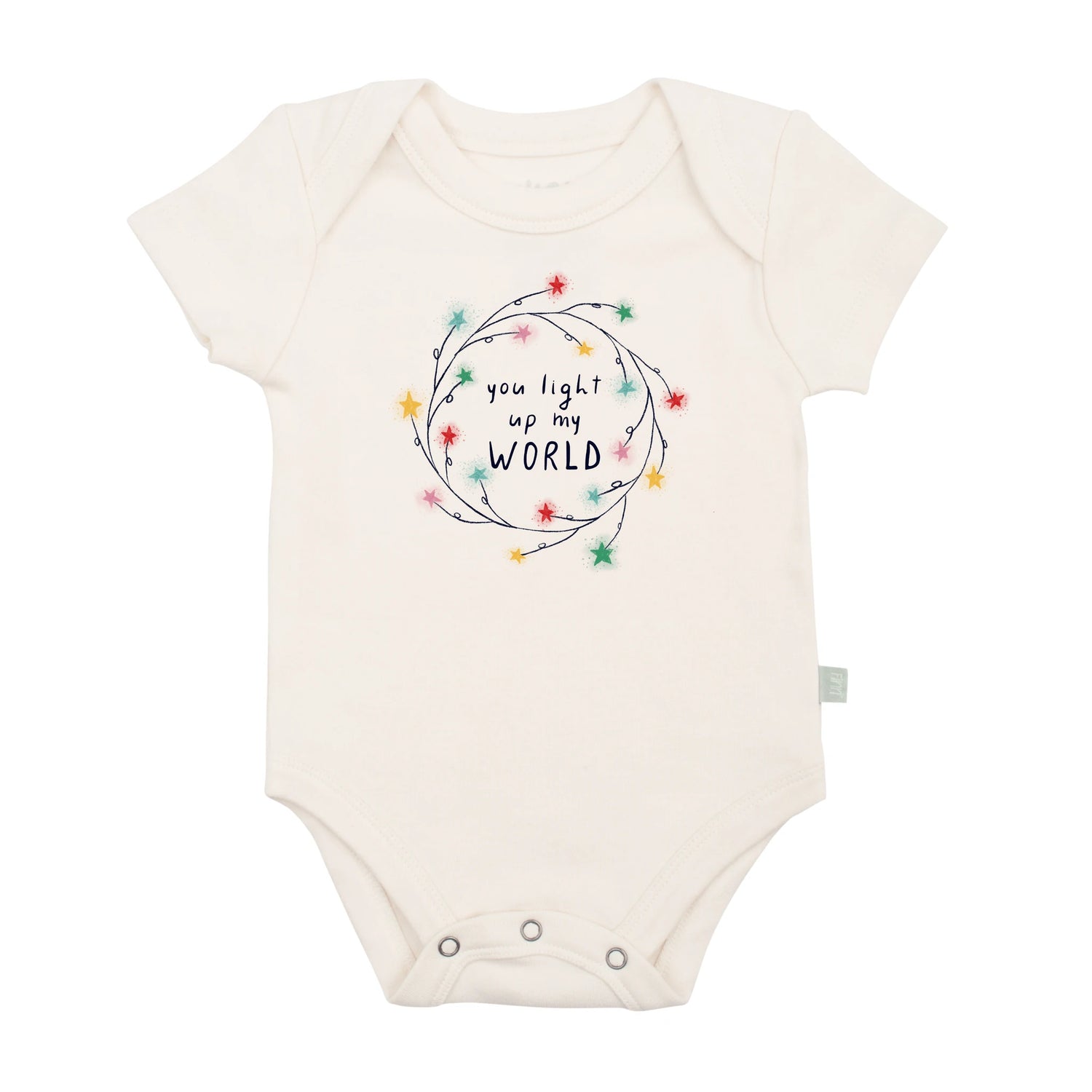 Finn+Emma's buttery-soft organic bodysuit features cheerful graphics printed with non-toxic dyes and comes with easy-snap fasteners for convenient diaper changes.